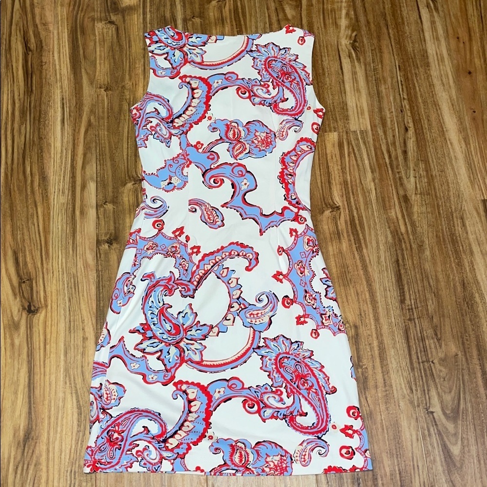 J. McLaughlin women’s XS 2 dress mini white red blue Paisley tank ruching - Picture 4 of 8